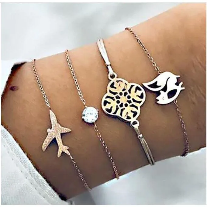 Women Multi-layers Gold Silver Colour Beads Sequins Set Bracelets