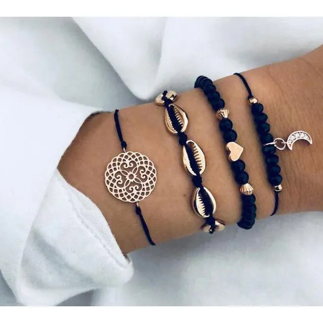 Women Multi-layers Gold Silver Colour Beads Sequins Set Bracelets