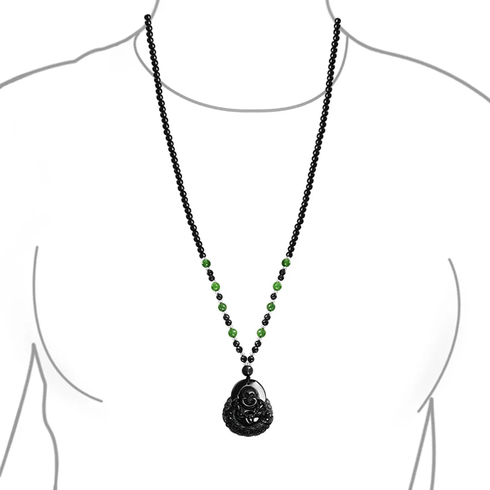 Yogi Amulet Mala Green Black Bead Buddha Pendant Necklace for Men Boho Fashion