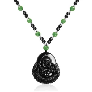 Yogi Amulet Mala Green Black Bead Buddha Pendant Necklace for Men Boho Fashion