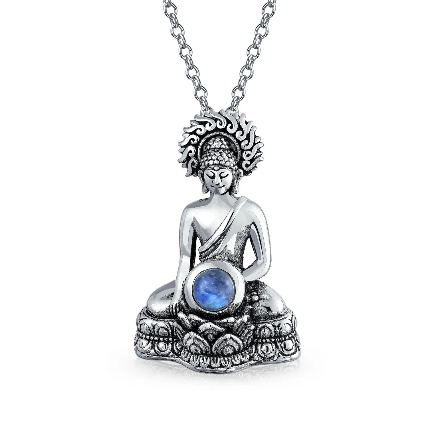 Yogi Rainbow Moonstone Buddha Pendant Necklace in Oxidized Sterling Silver Chain