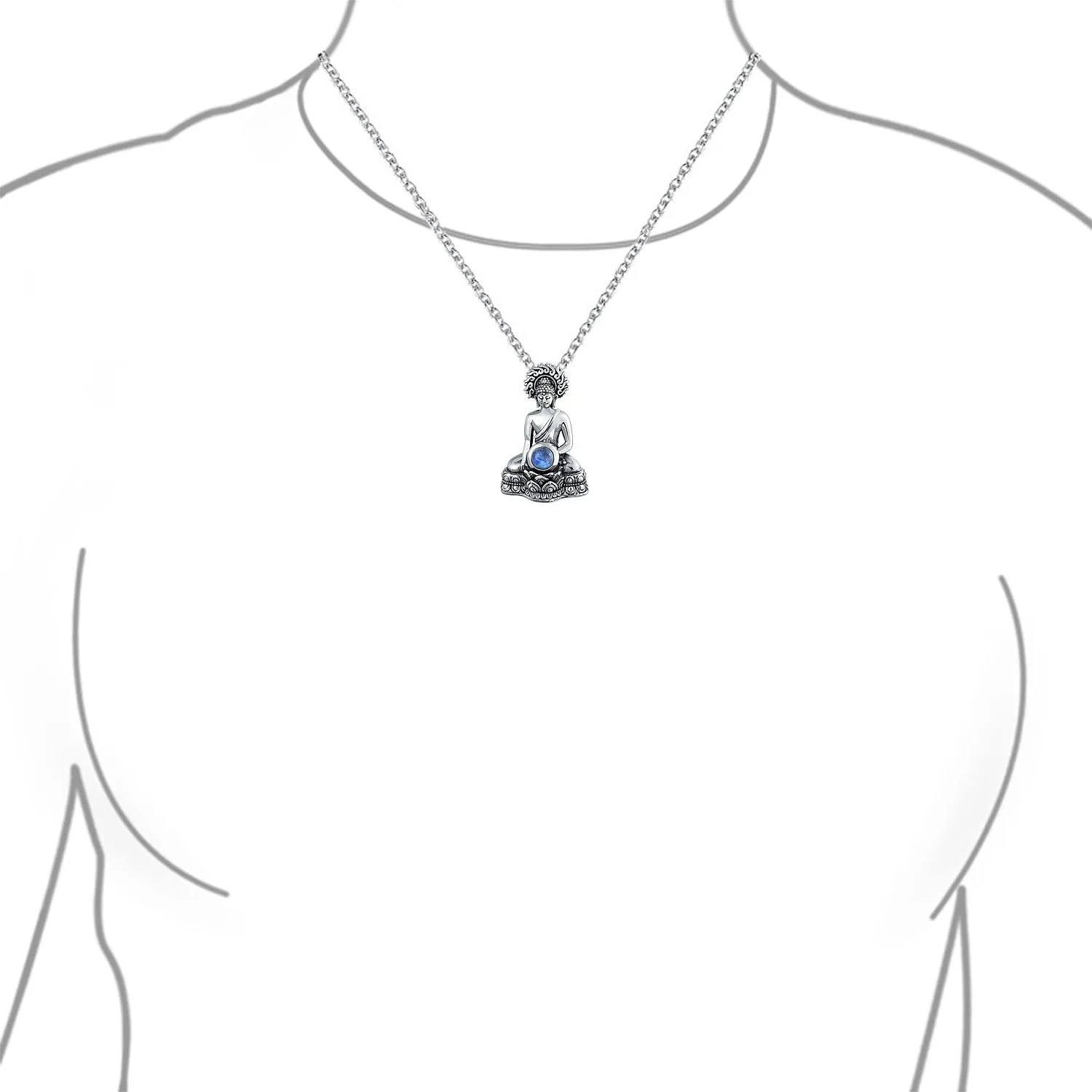 Yogi Rainbow Moonstone Buddha Pendant Necklace in Oxidized Sterling Silver Chain